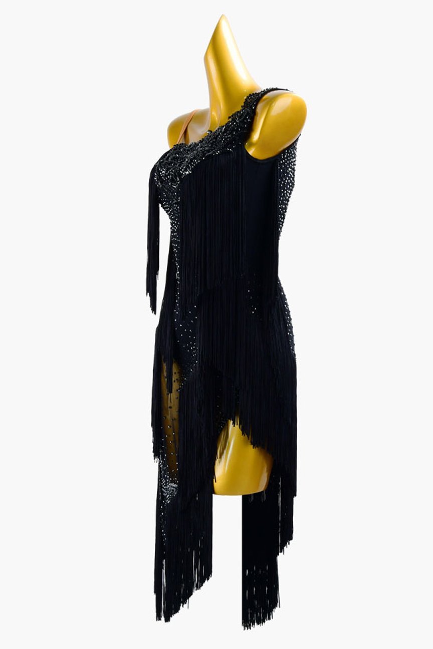 Bailebelle Fashion Black lycra Latin dress with rhinestones, crystal lace appliqués & black fringes image 3
