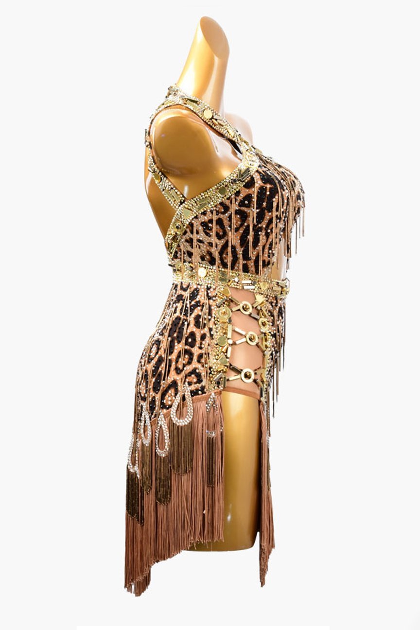 Leopard print lycra rhythm dress with beaded fringes,brown fringegs, gold crystals & rhinestones image 1
