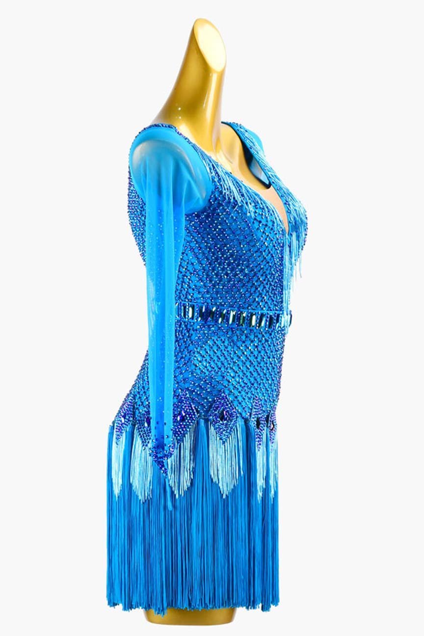 Deep Sky Blue Crystal Fishnet Latin Dress with Mesh Sleeves, Beaded Fringe, and Fringe Underskirts image 3