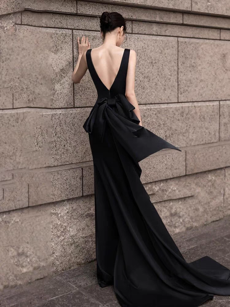 Bailebelle Fashion New banquet evening dress simple sleeveless satin host concert performance fashion long black and Red image 7
