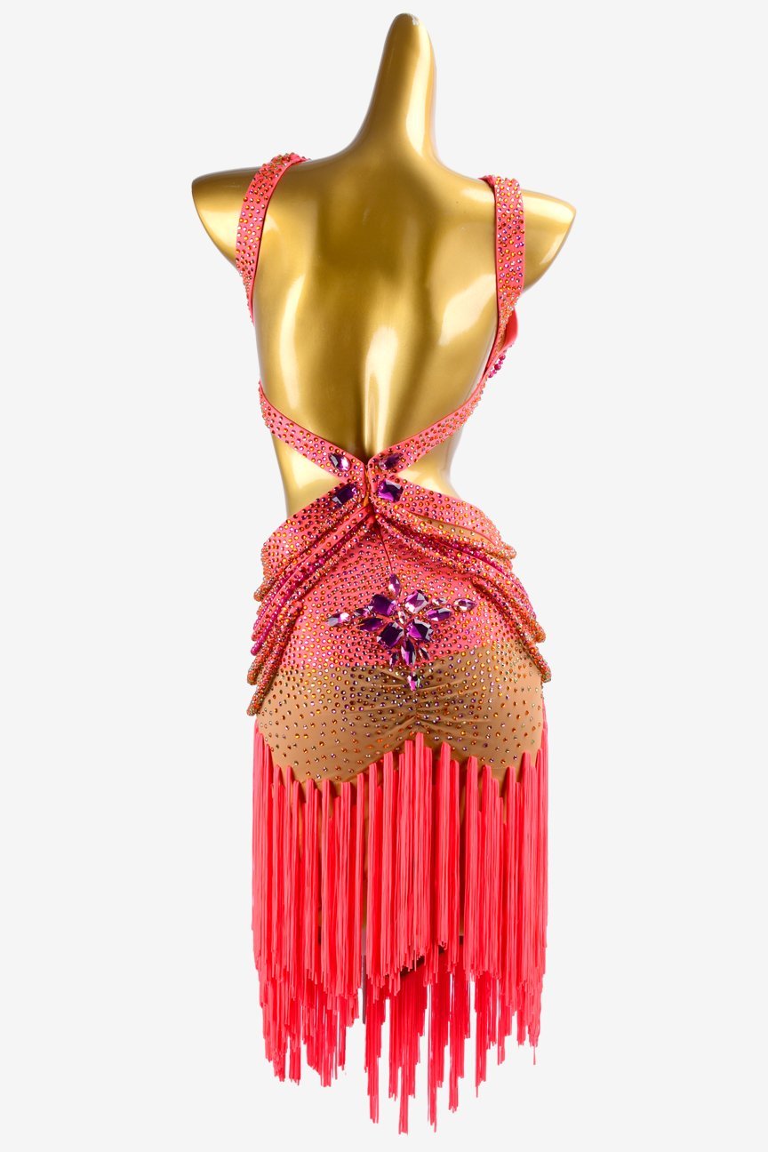 Fleshtone lycra Latin dress with oranger red stone string, fringes & rhinestones image 3