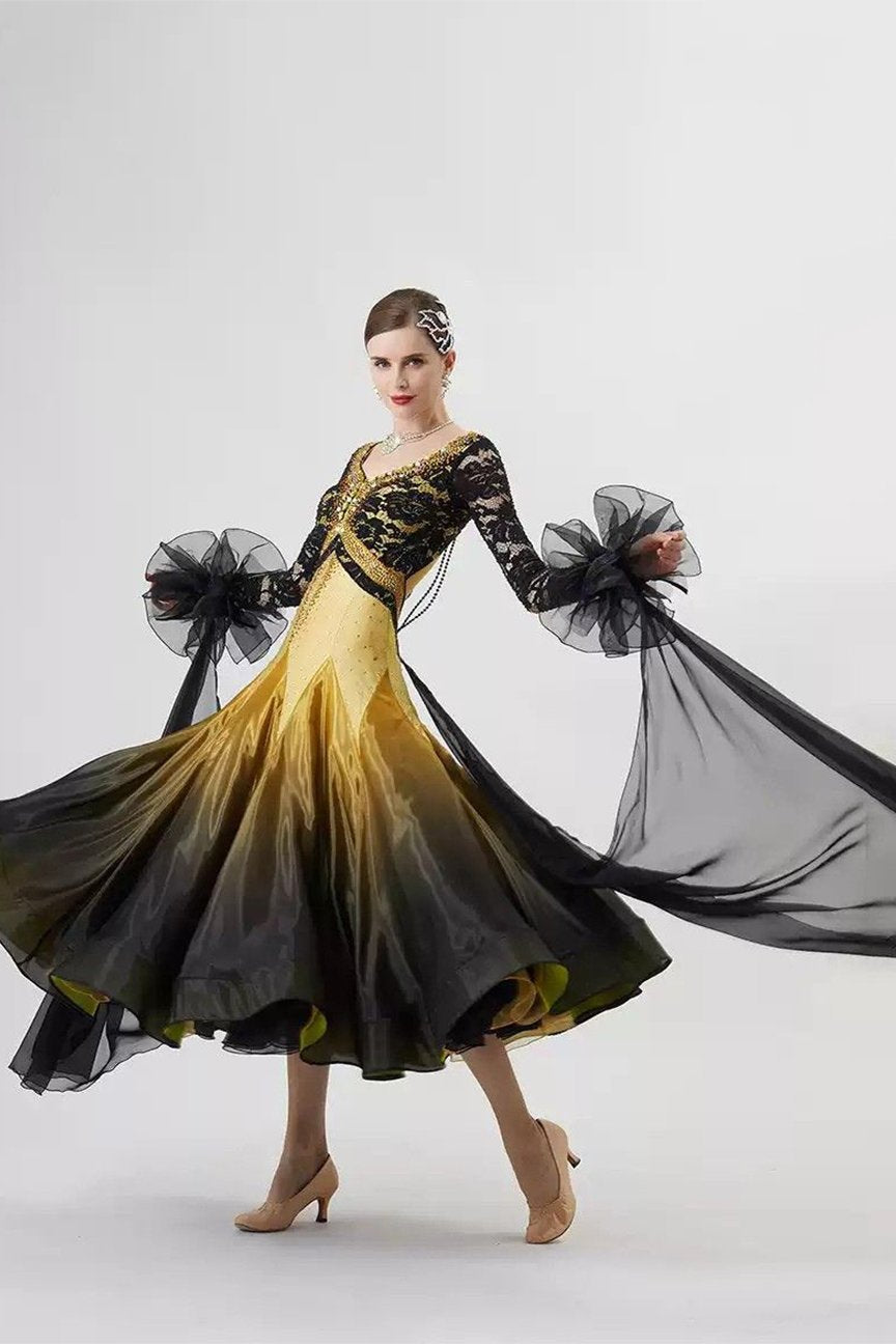 Bailebelle Fashion new national standard modern dance performance competition uniforms personalized design big swing dance skirt  Black, Gold image 3