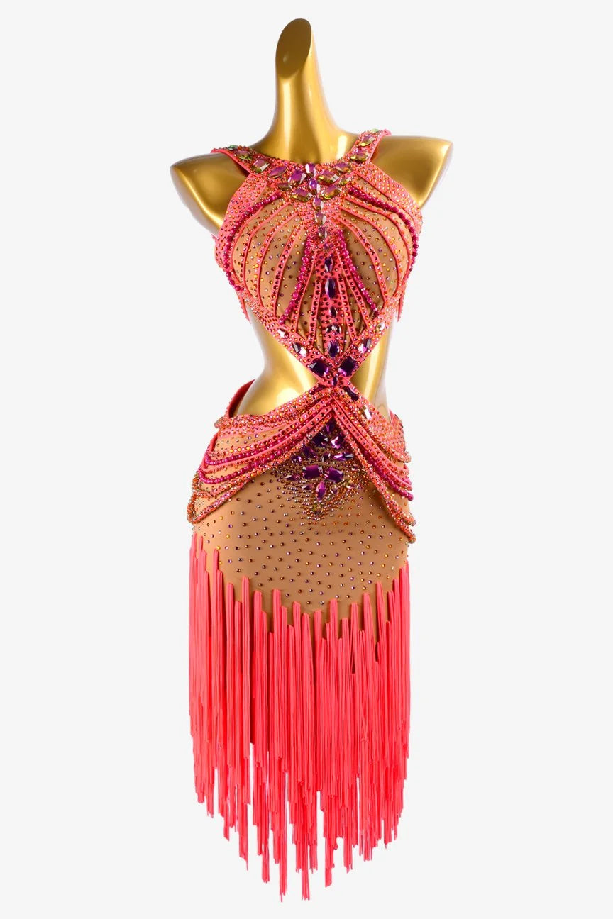 Fleshtone lycra Latin dress with oranger red stone string, fringes & rhinestones image 0