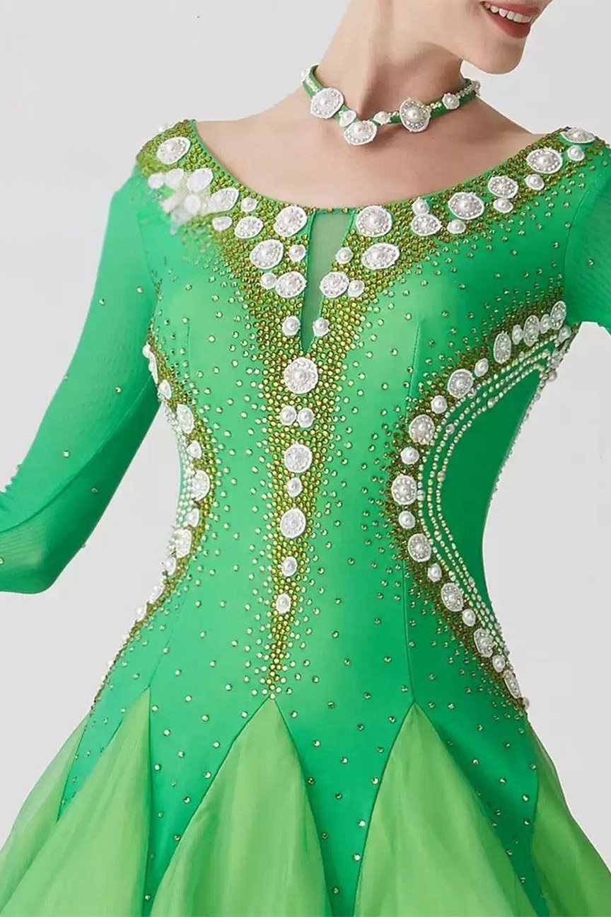 Bailebelle Fashion new national standard modern dance performance competition costume big swing dress ballroom dance skirt Green image 3