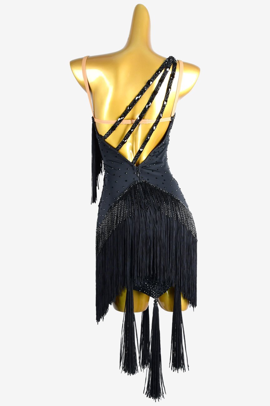 BaileBelle black lustre lycra backless Latin dress with fringes, beaded fringes & rhinestone image 0