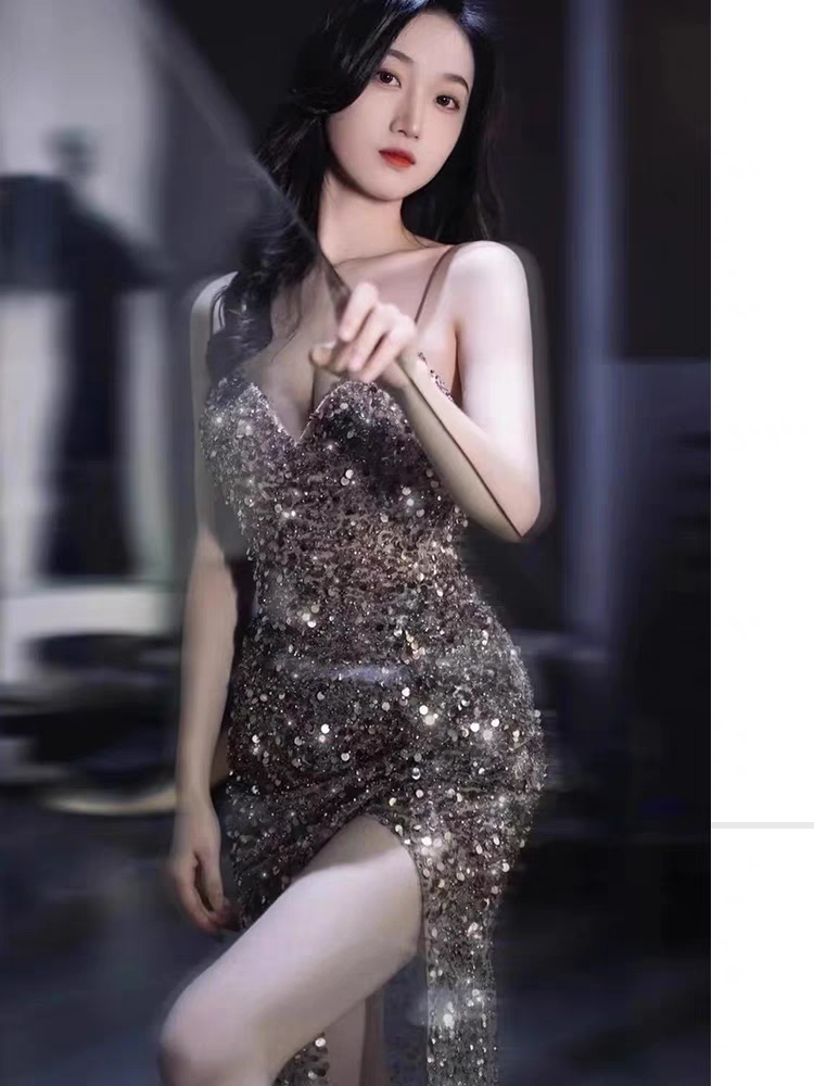 Bailebelle Fashion Gorgeous V Neck Glitter Sequins split spaghetti strap Evening Dresses Prom Gown Brown image 2