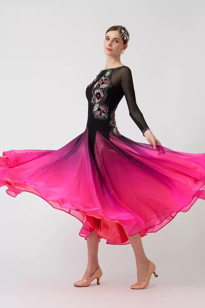 Bailebelle Fashion new national standard modern dance practice clothes ballroom dance waltz big swing dress customization Black, Pink image 2