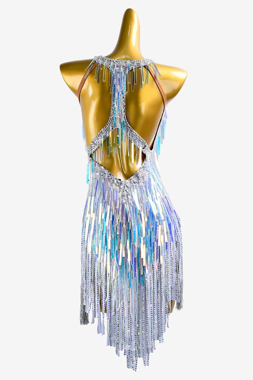 Silver metallic lycra Latin Dress with sequins, tassels, crystals & sew-on stones image 0