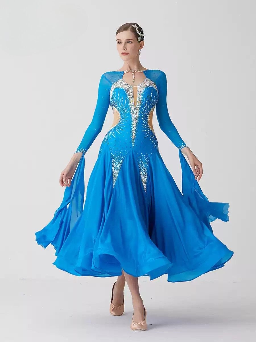 Bailebelle Fashion pearl silk national standard modern dance performance competition big swing dress ballroom dance Blue image 4
