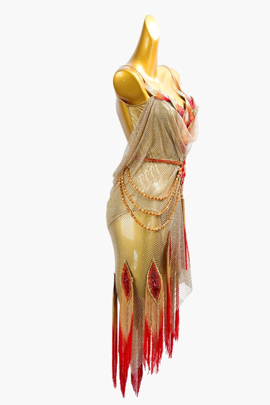 Gold crystal fishnet Latin dress with red & fleshtone fringes, gold beadings and crystals image 2
