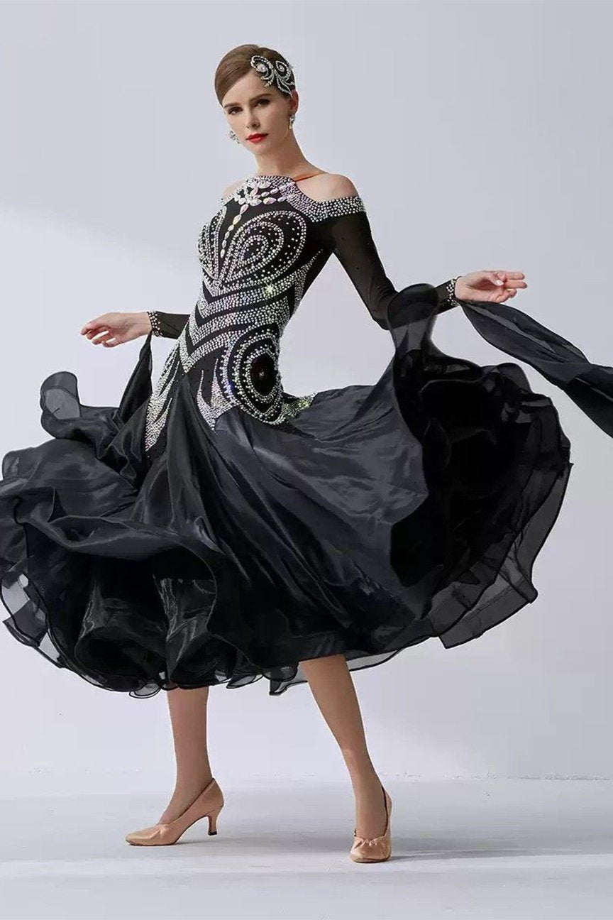 Bailebelle Fashion new national standard modern dance costume big swing dress performance custom diamond sticking Black, Silver image 3