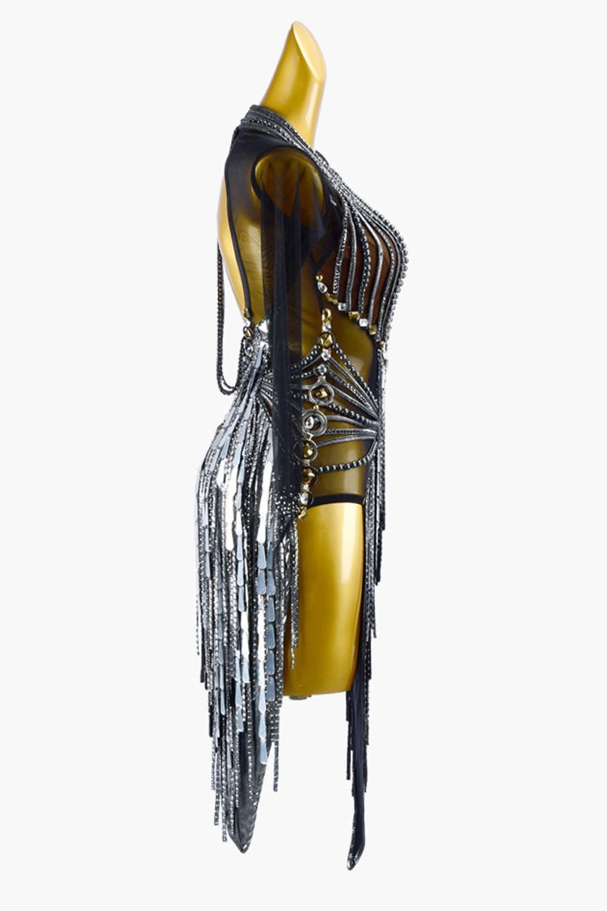Black mesh Latin dress with sone mirror, rhinestones, stone fringes & silver sequins image 1