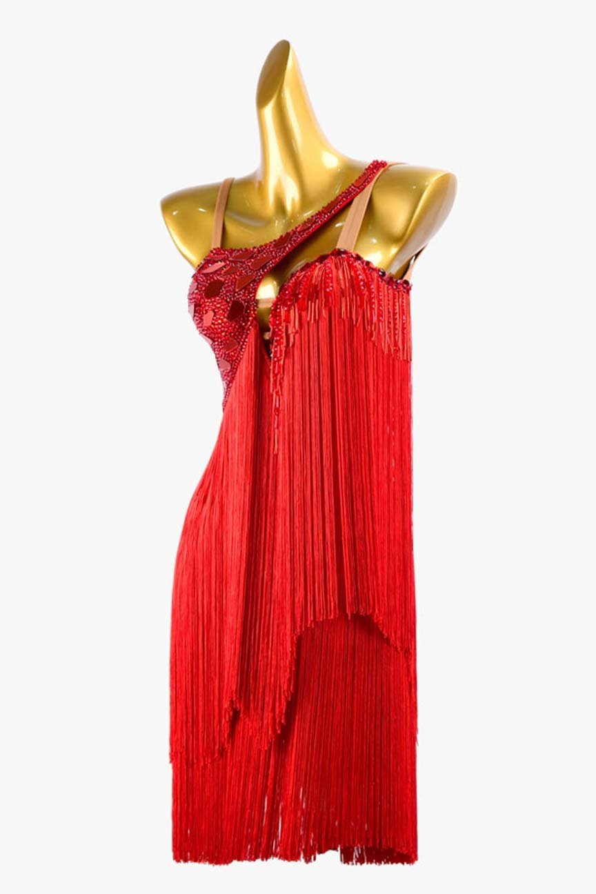 China Red Matte Lycra Latin Dress with Beaded Fringes, Mirror Stones, Rhinestones, and Fringes image 2
