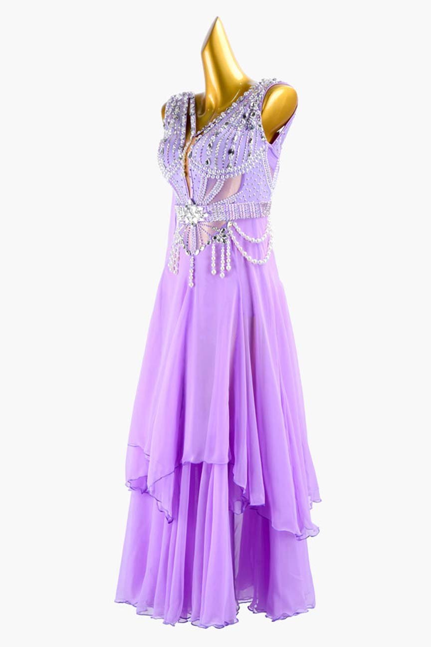 Orchid Standard Dress with Chiffon Underskirt, Float, White Rhinestones, and Beadings image 2