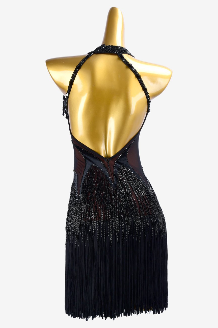 Black mesh Latin dress with stone fringes, beadings, fringes, rhinestones & sew-on stones image 3