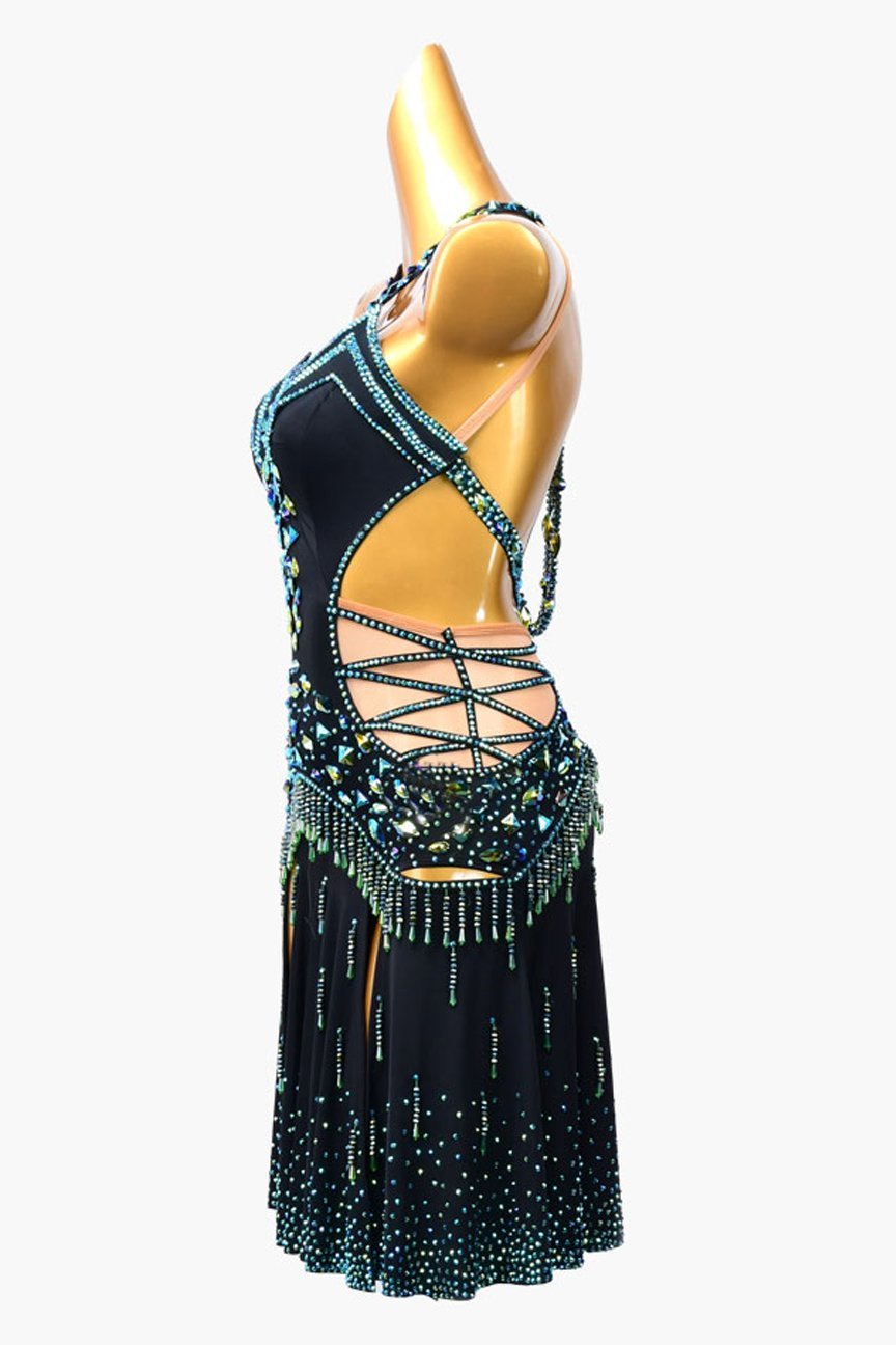 Black stretch crepe draping Latin dress with sea green AB stones & beadings image 2