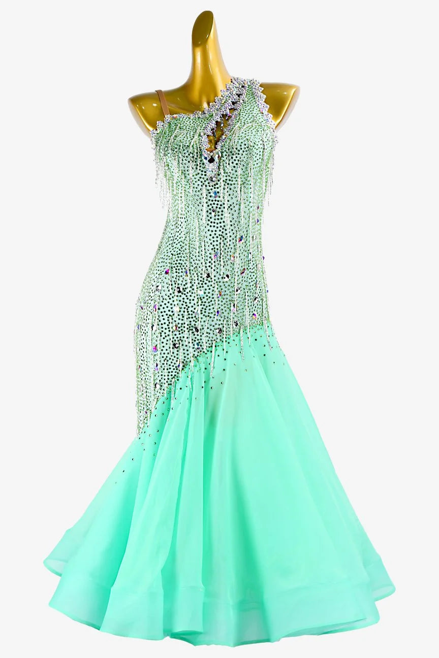 Mintcream Standard dress with aquamarine pearl chiffon underskirts, silver beaded fringes, lace & crystal AB image 0