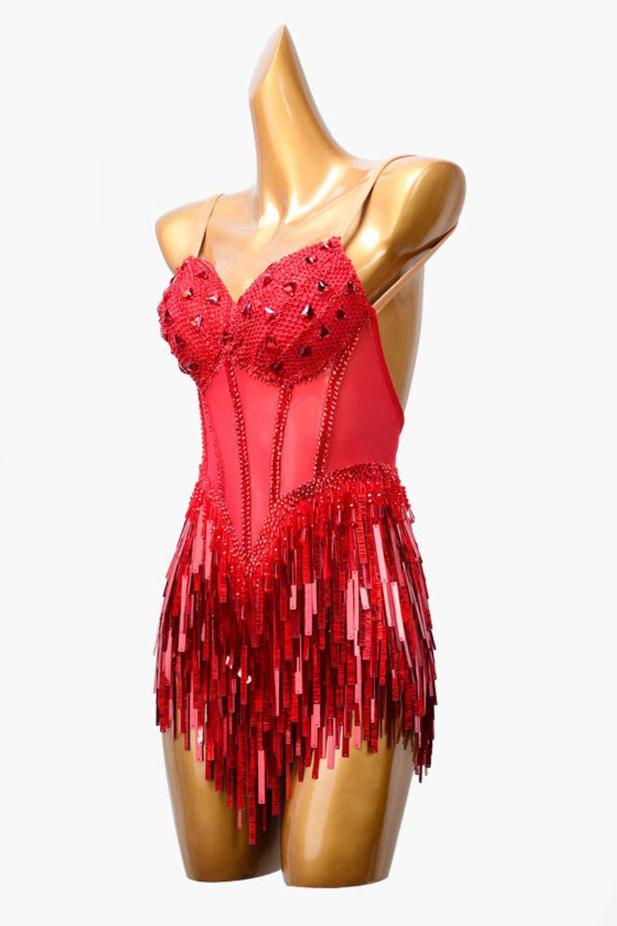Red mesh spliced crystal fishnet Latin dress with rhinestones, beadings & sequins image 2