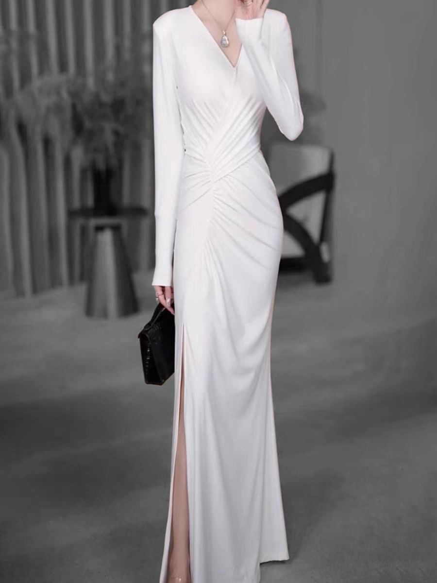 Bailebelle Fashion White V neck long sleeved dress for women autumn and winter 2024 new French sexy waist hip skirt temperament long skirt white image 6