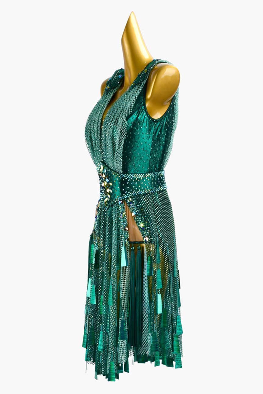 Teal Crystal Fishnet Latin Dress with Sequins, Tassels, and Green Crystal AB Accents image 2