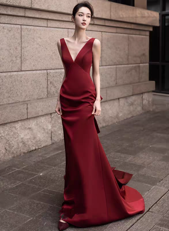 Bailebelle Fashion New banquet evening dress simple sleeveless satin host concert performance fashion long black and Red image 0