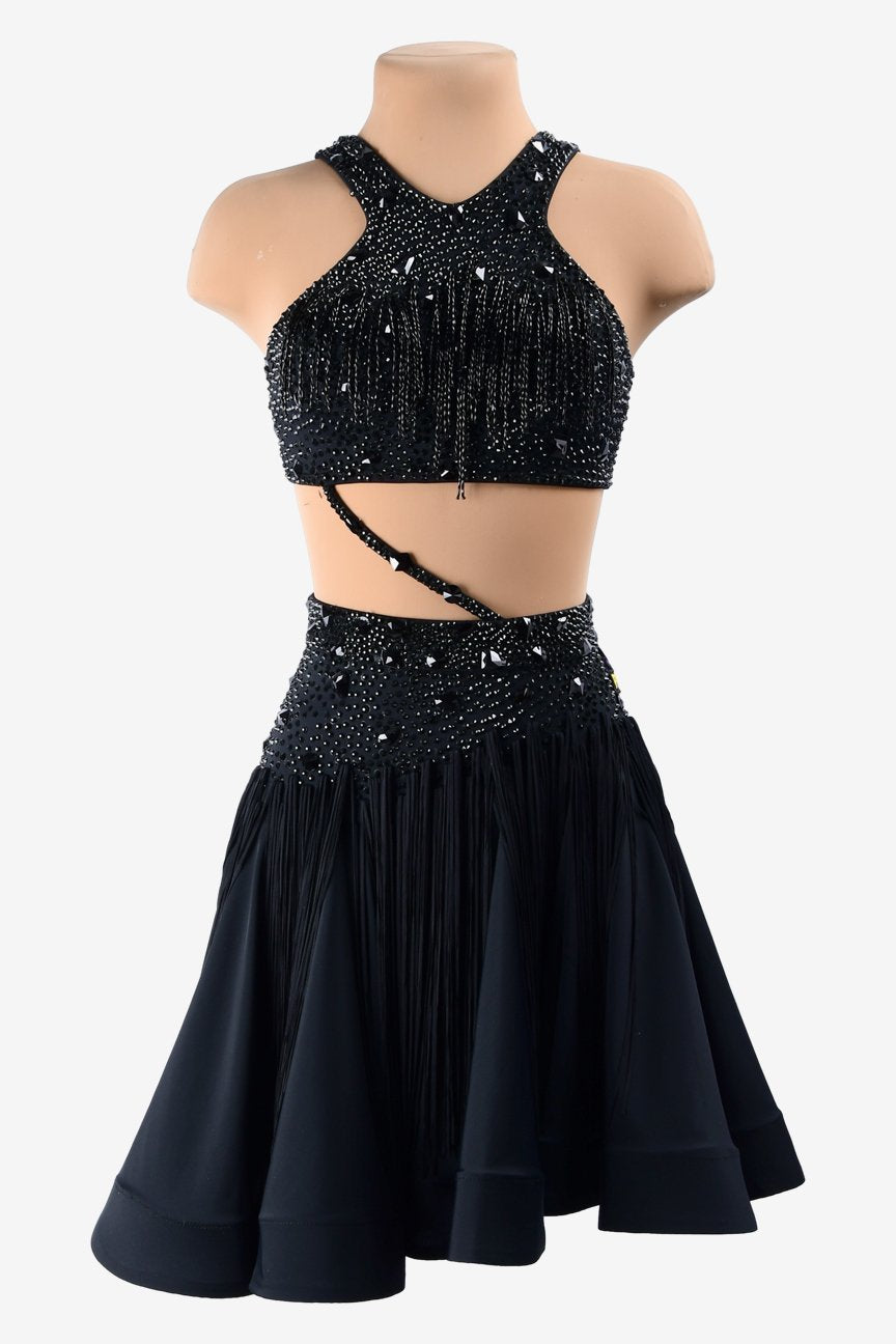 Black matt lycra Latin dress with beaded fringe, tassels, crystals & sew-on stones image 0