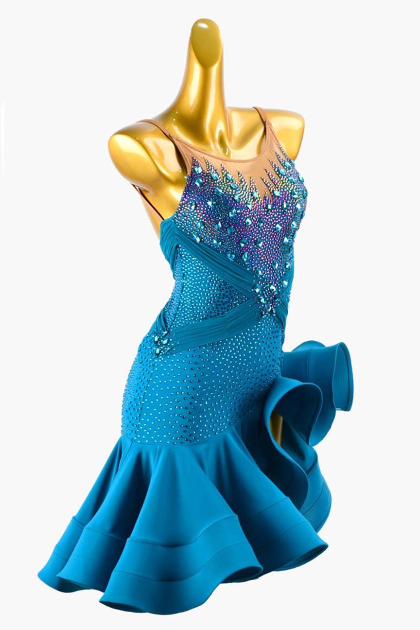 Jade Matte Lycra Backless Latin Dress with Ruffle Fishbone Underskirts, Rhinestones, and Sew-On Accents image 3