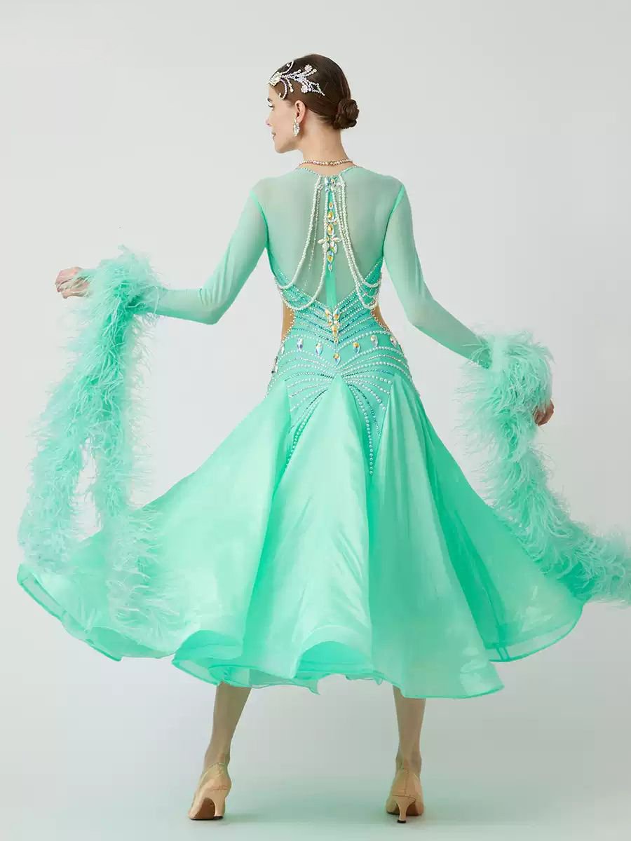 Bailebelle Fashion new ostrich feather floating pearl silk international standard dance modern dance performance uniform Light Green image 2
