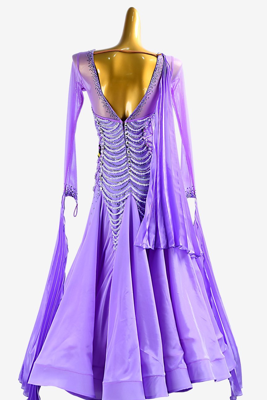 Lilac Standard dress with mesh sleeves, pearl chiffon underskirts, pleated float, white crystals and beadings image 1