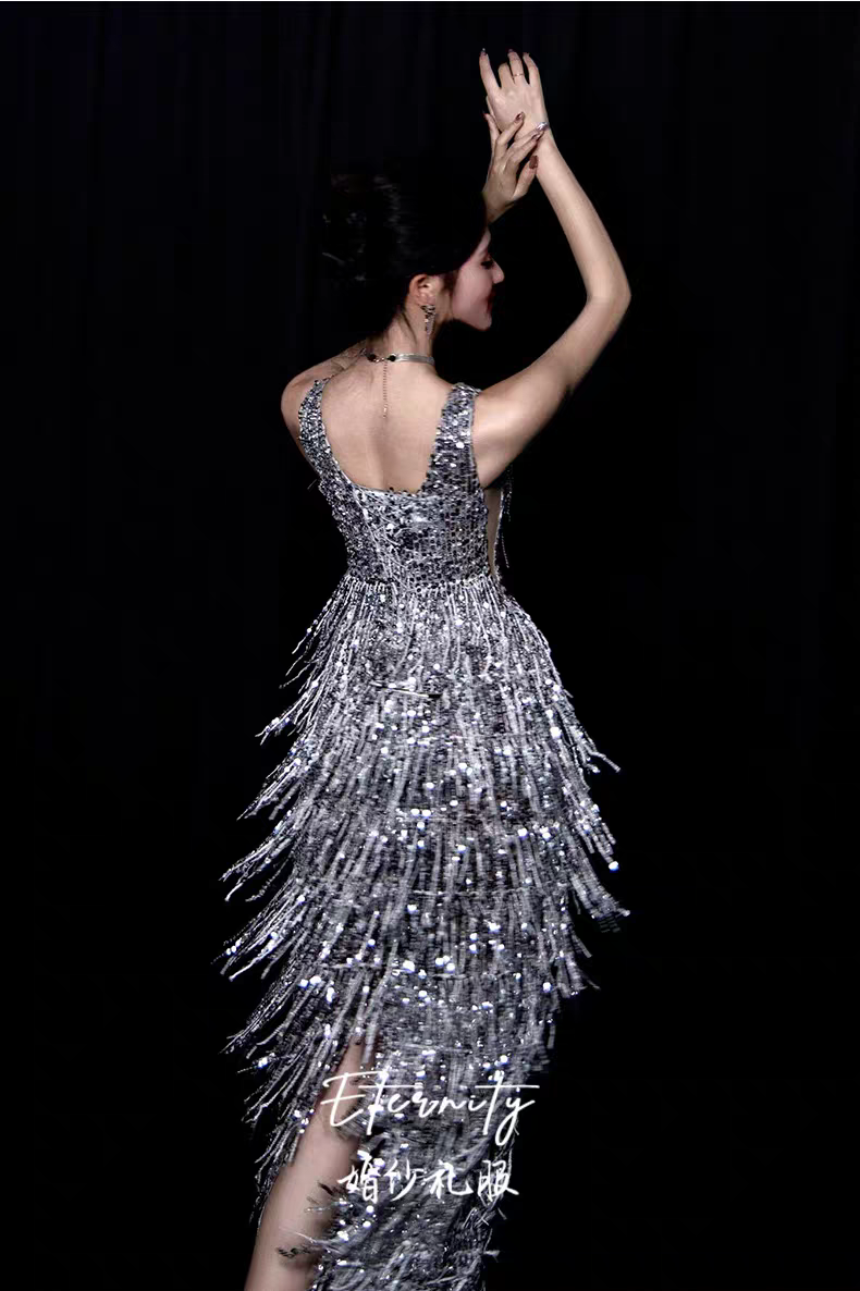 Bailebelle Fashion 2025 Banquet evening dress for women | high end Silver sequined tassels | luxury evening dress for Girls | V neck fishtail evening dress Silver image 6