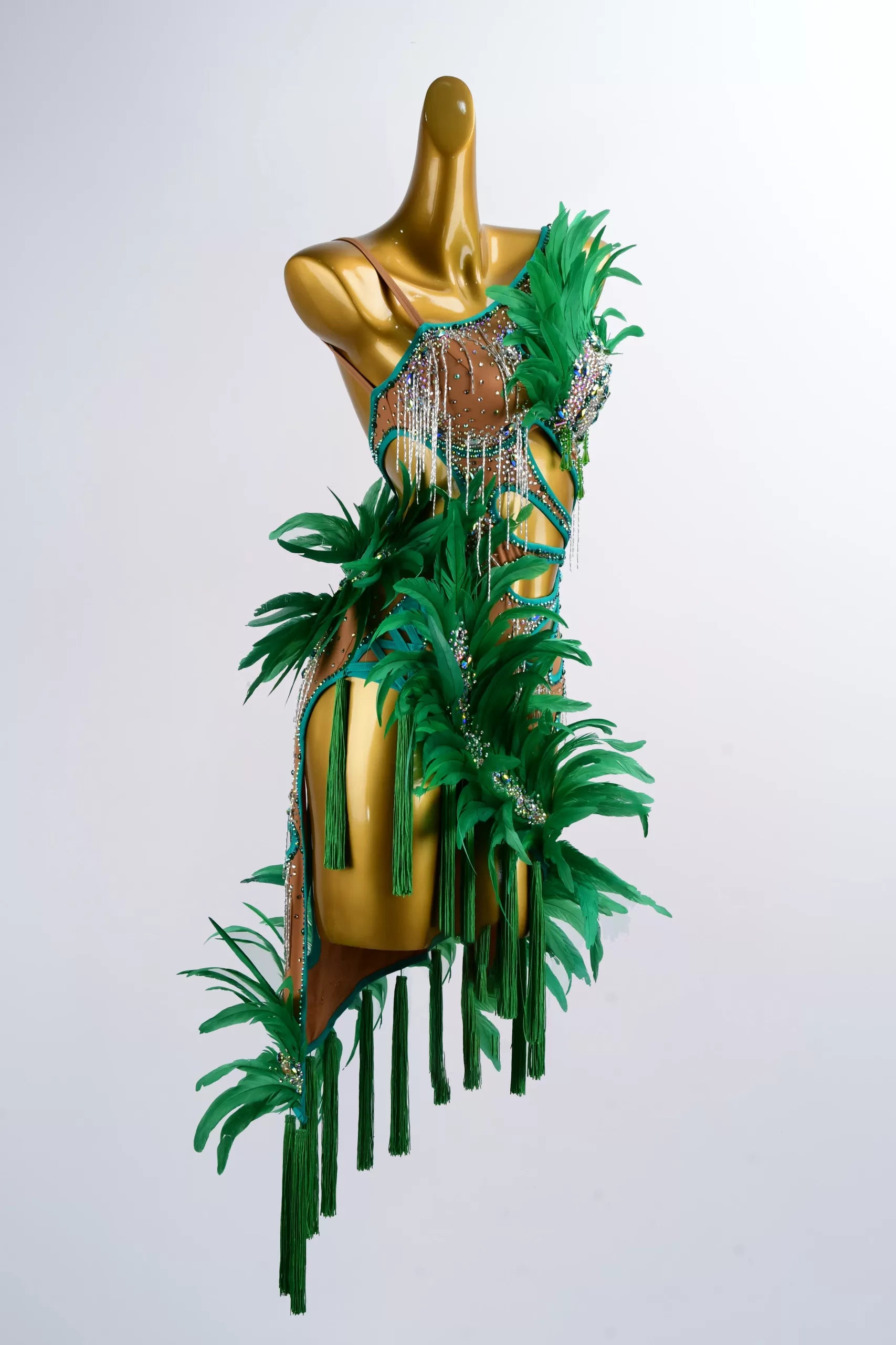 Green Feather Leaves Design Latin Dance Dress – Competition Performance Wear image 1