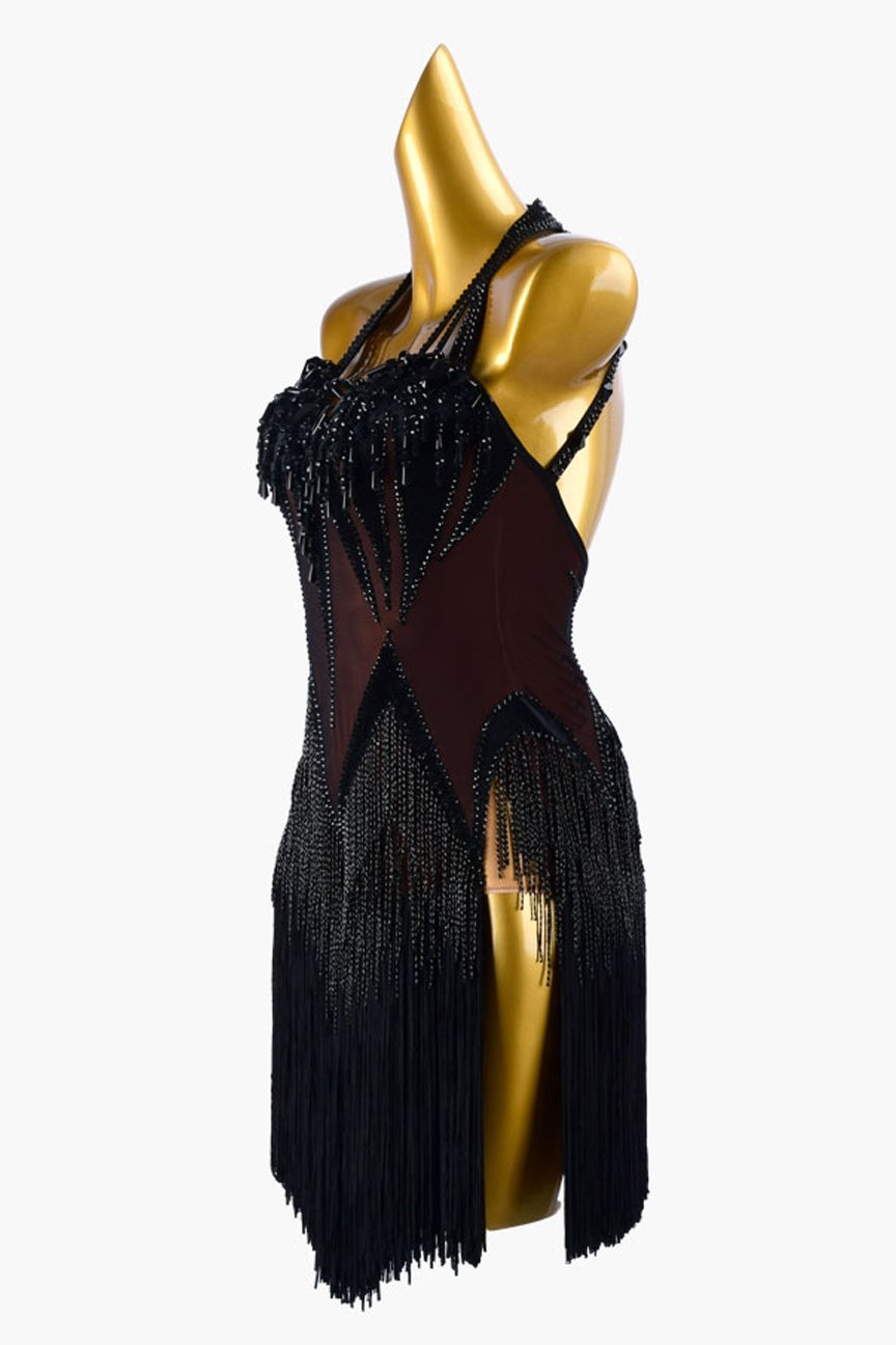 Black mesh Latin dress with stone fringes, beadings, fringes, rhinestones & sew-on stones image 2