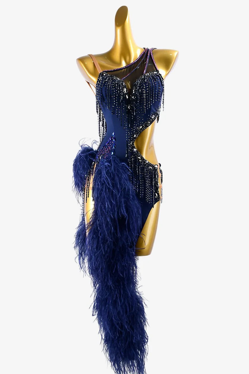 Dark blue lycra Latin dress with feathers, stone fringes, rhinestones & sew-on stones image 0