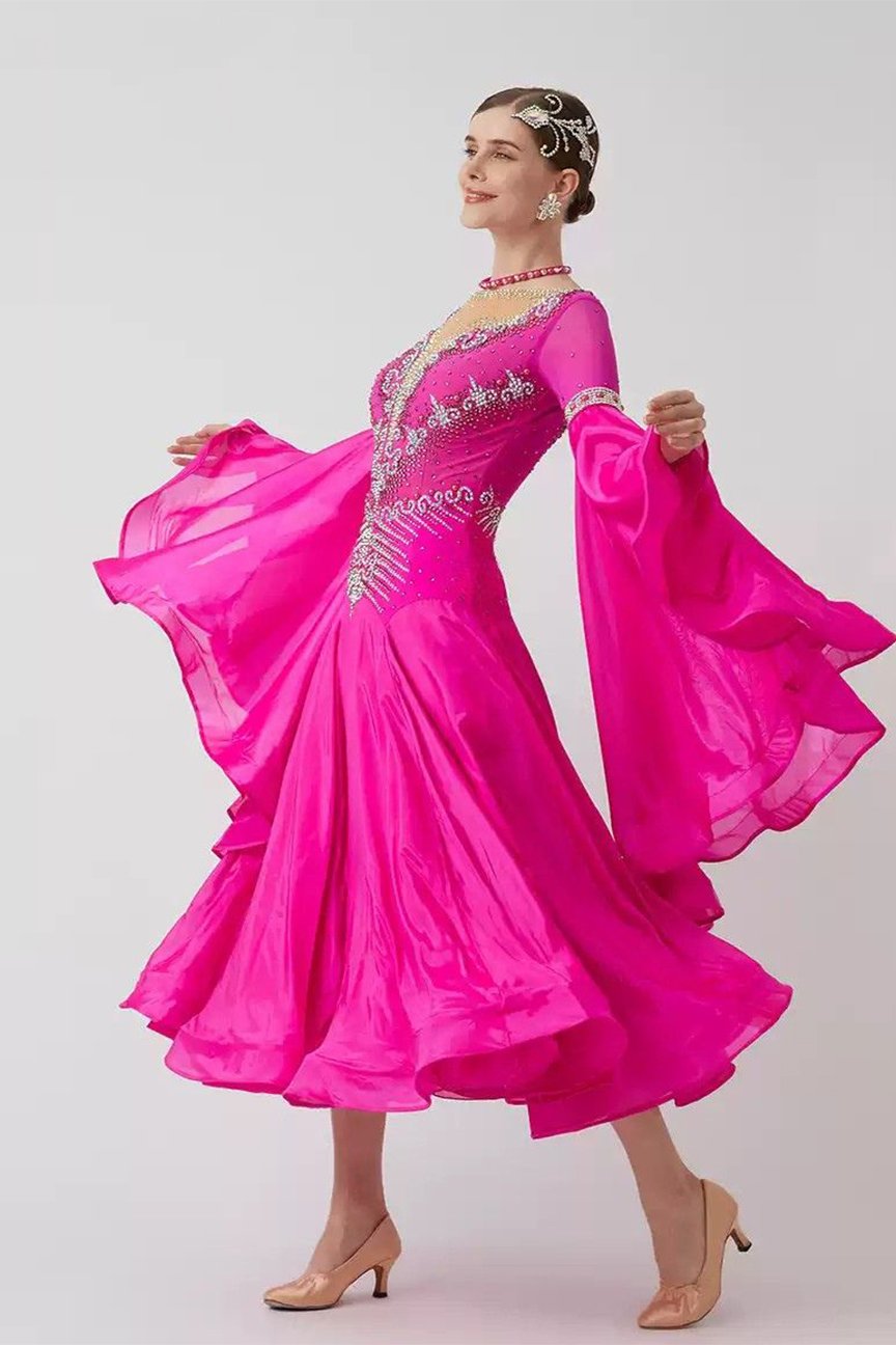 Bailebelle Fashion 24 new national standard modern dance performance costume waltz competition costume swing dress Pink image 5