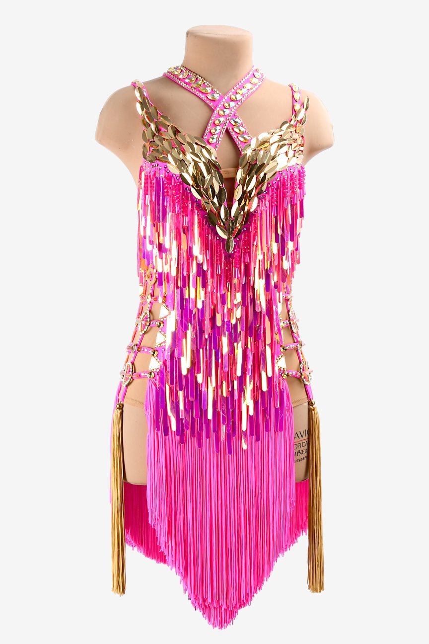 Mediumvioletred Latin dress with fringes, gold leaf, sequins, gold crystals & sew-on stones image 0