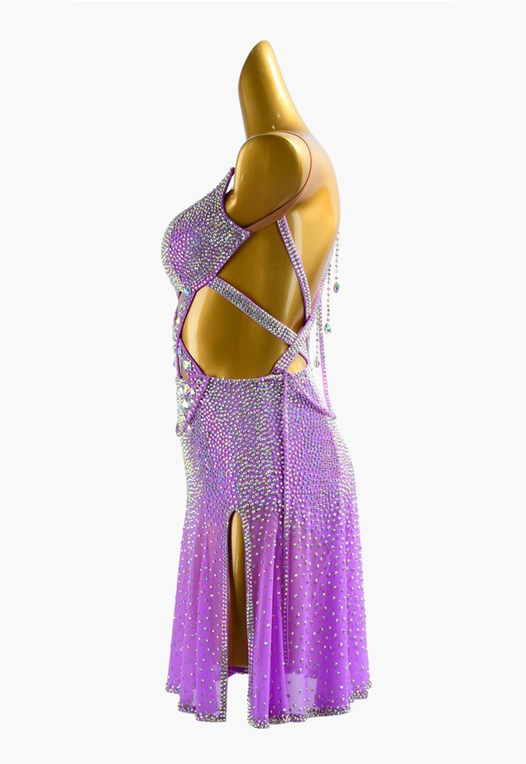 Purple stretch mesh Latin Dress with crystal AB full & sew-on stones image 3