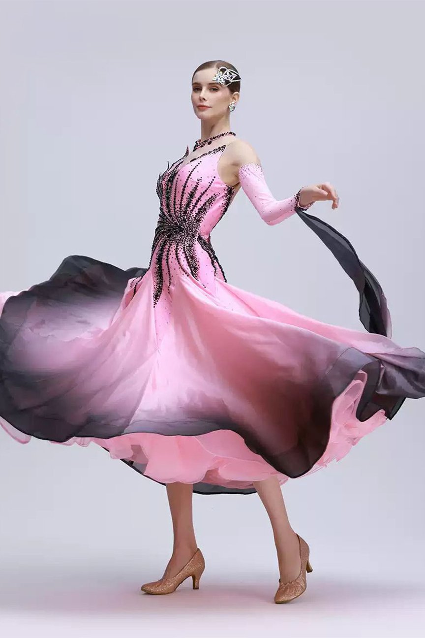Bailebelle Fashion rhyme dance gradient color pearl silk national standard modern dance competition suit big swing performance suit custom ballroom dance skirt Black, Pink image 2