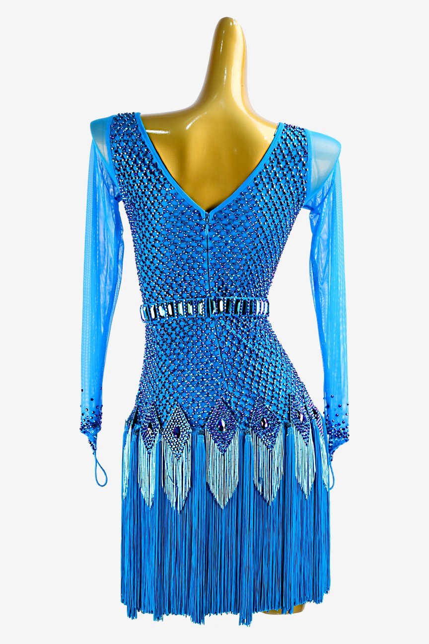 Deep Sky Blue Crystal Fishnet Latin Dress with Mesh Sleeves, Beaded Fringe, and Fringe Underskirts image 1