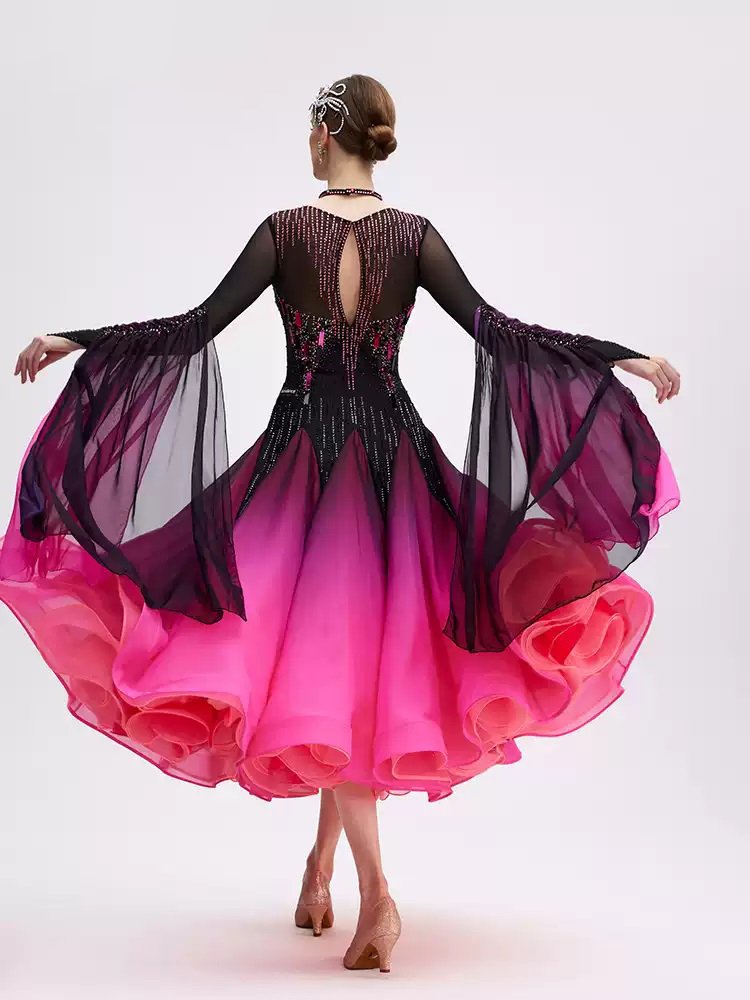 Bailebelle Fashion 2025 new national standard modern dance performance costumes large swing skirt ballroom dance gradient Black, Pink image 2