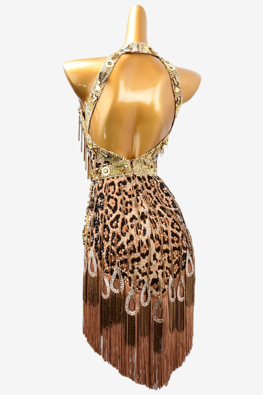 Leopard print lycra rhythm dress with beaded fringes,brown fringegs, gold crystals & rhinestones image 3