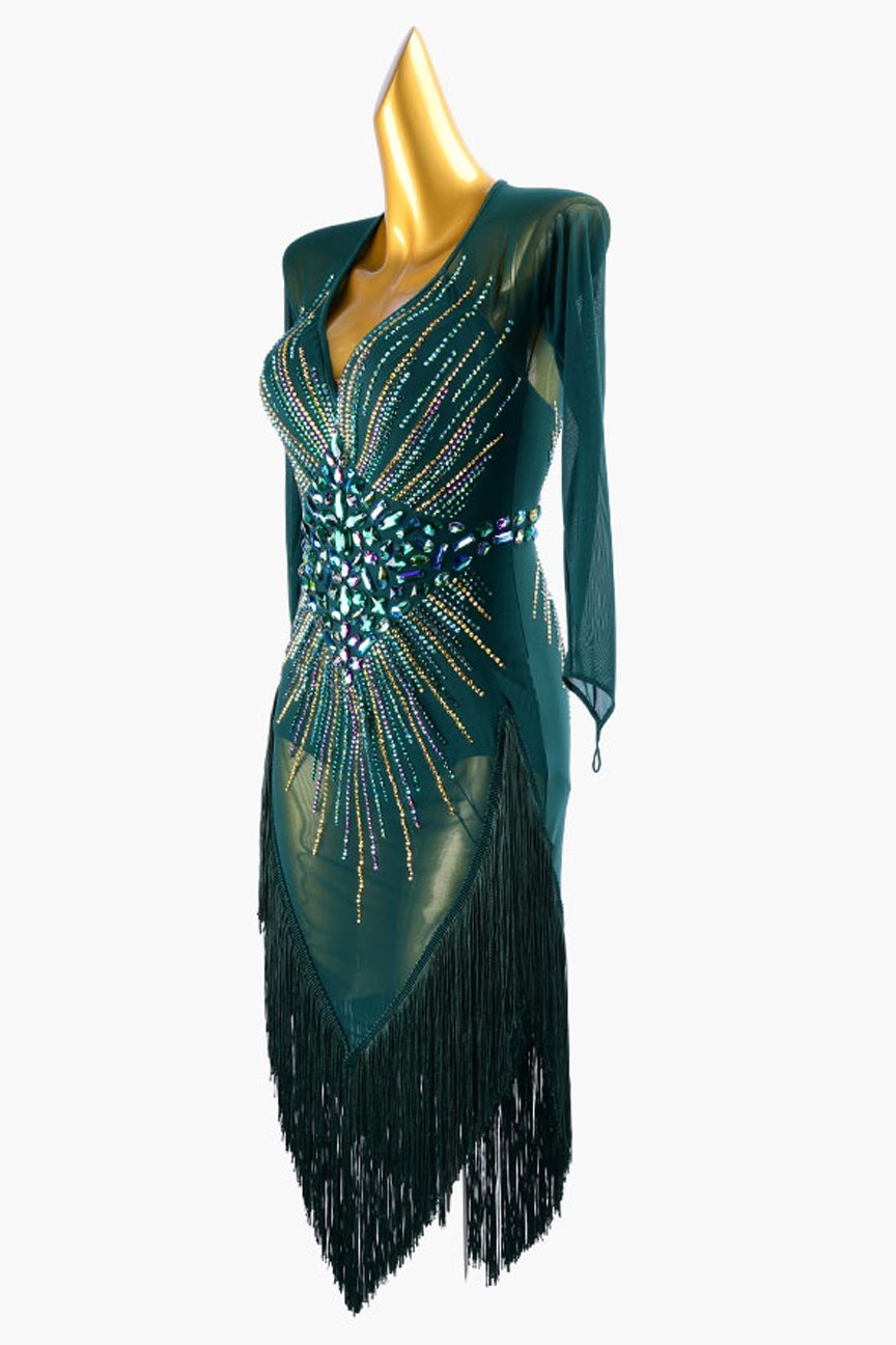 Malachite green mesh Latin dress with fringes, AB sew-on stones & rhinestones image 2