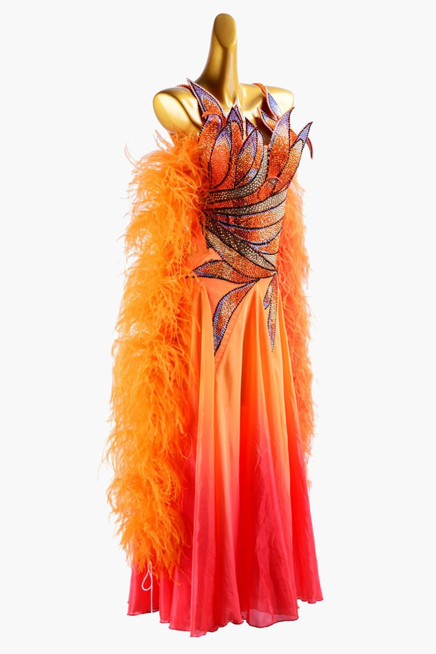 Orange lycra Standard dress with shaded pearl chiffon underskirt, rhinestone applique & feather boas image 1
