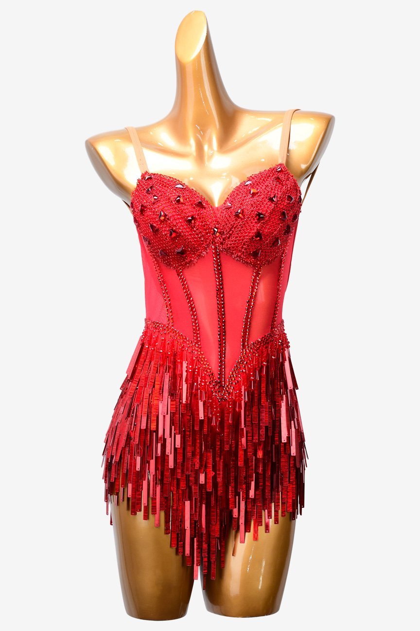 Red mesh spliced crystal fishnet Latin dress with rhinestones, beadings & sequins image 0
