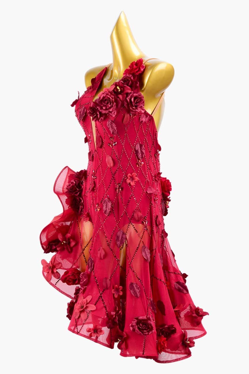 Scarlet Backless Mesh Latin Dress with Ruffle Fishbone Skirt, Flower Appliqués, and Rhinestones image 3