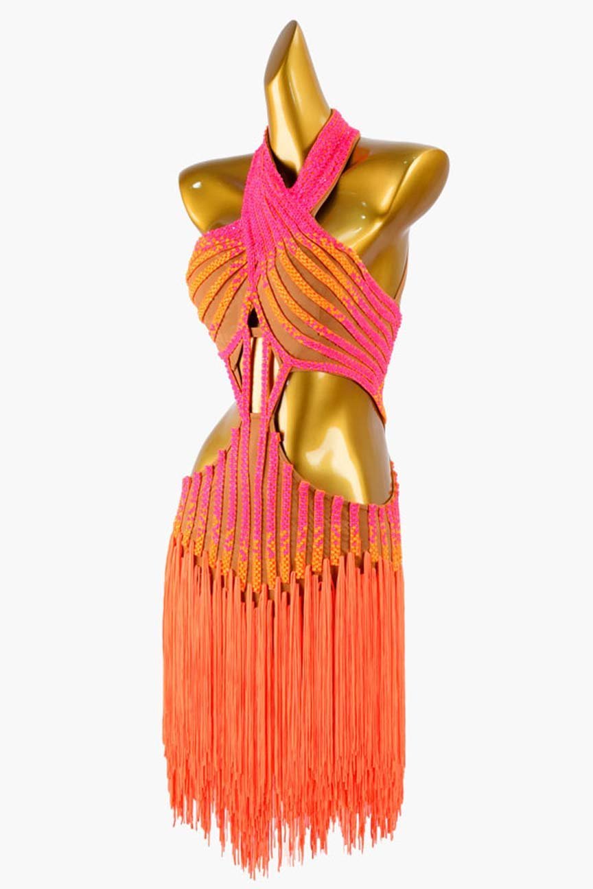 Fleshtone Matte Lycra Latin Dress with Fringes and Fluorescent Orange & Sun Orange Rhinestone Accents image 2