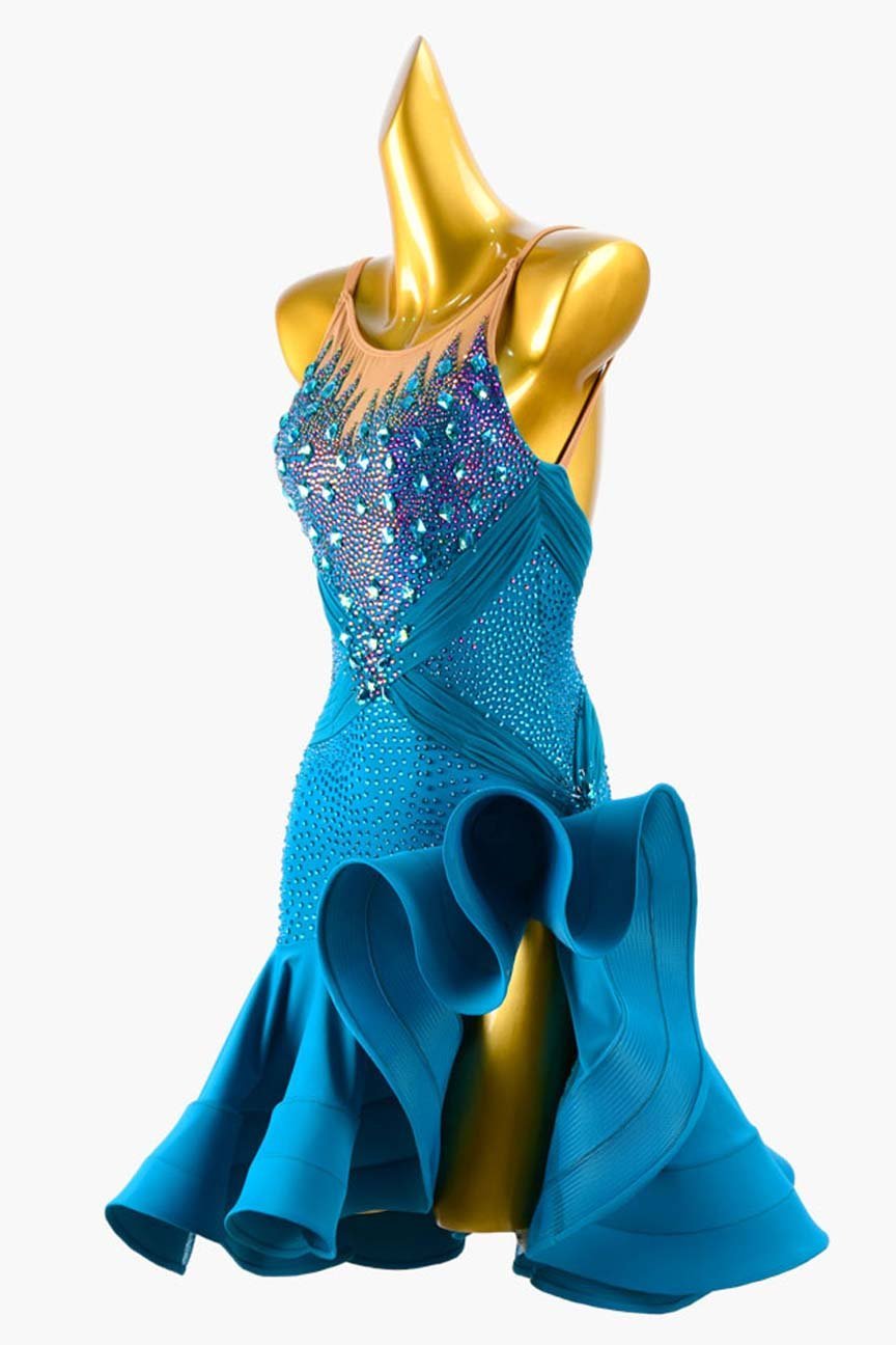Jade Matte Lycra Backless Latin Dress with Ruffle Fishbone Underskirts, Rhinestones, and Sew-On Accents image 2