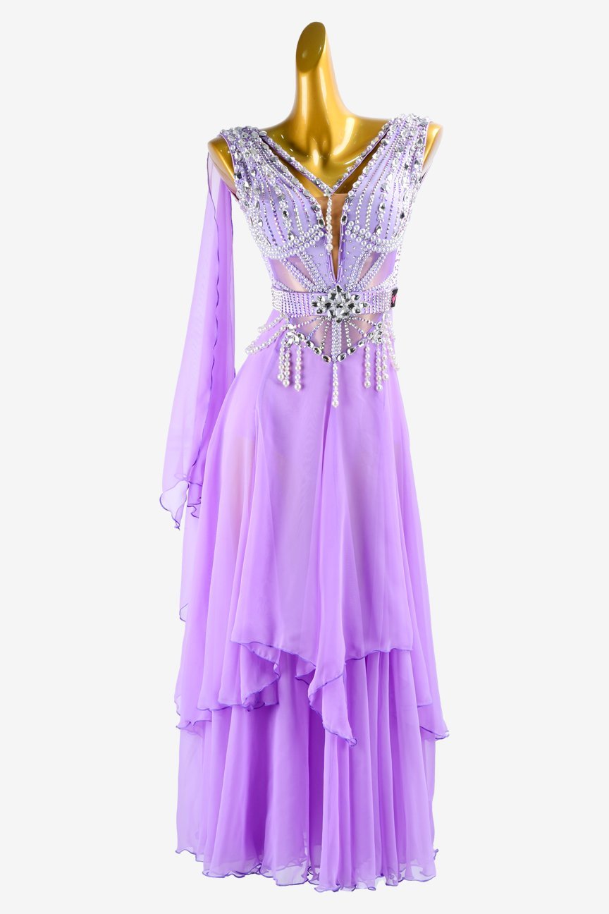 Orchid Standard Dress with Chiffon Underskirt, Float, White Rhinestones, and Beadings image 0