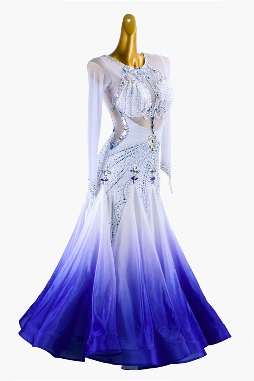 White mesh Standard dress with shaded blue pearl chiffon underskirt image 2