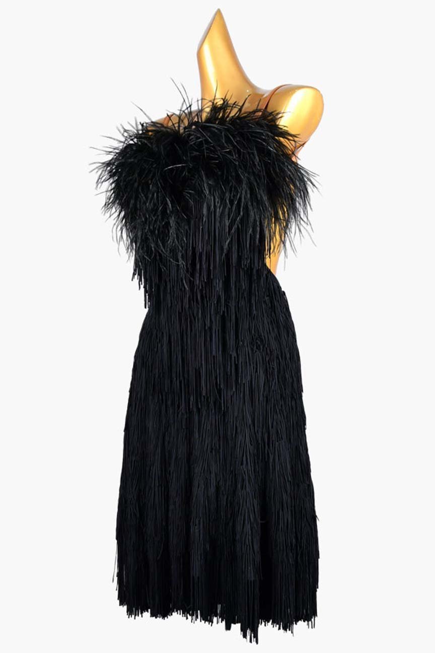 Black Matte Lycra Backless Latin Dress with Fringe and Feather Accents image 2