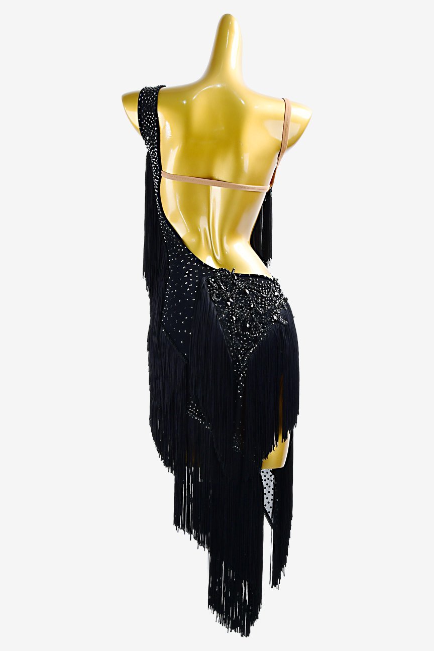 Bailebelle Fashion Black lycra Latin dress with rhinestones, crystal lace appliqués & black fringes image 1